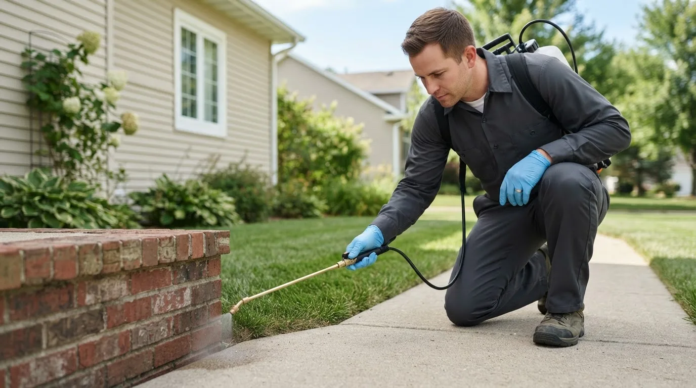 Pest control technician treating a home near Enfield, CT